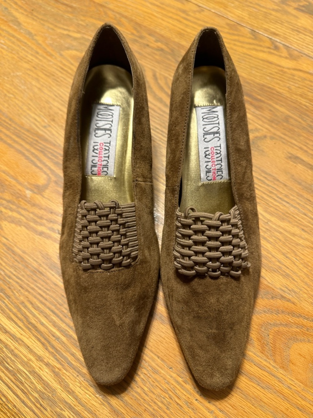 Vintage Brown Mootsie Tootsie Suede Woven Front 2 in Heels Sz 9